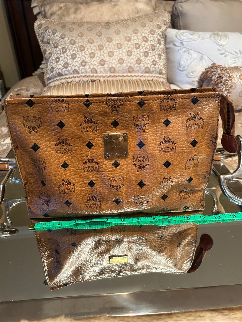 MCM Cognac Brown Visetos Logo Toiletry Pouch